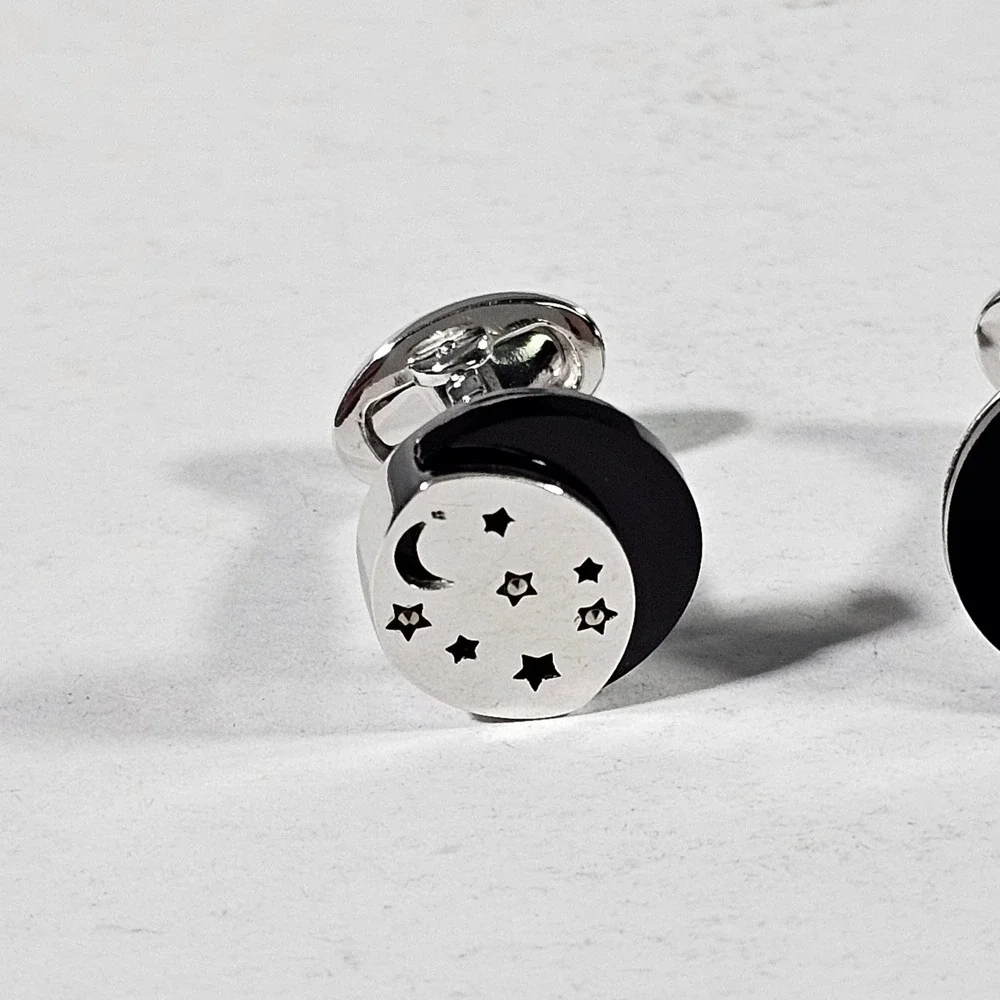 Jan Leslie‎ Cufflinks Mens OS Silver Black Moon Stars Sterling Silver 925 Enamel
